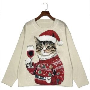 Festive Cat Sweater in Cream and Red. NEW.